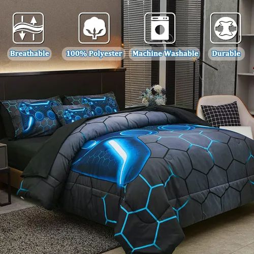Miniatura 3 de Juego de edredón azul de consola de juegos con sábanas, 6 piezas de cama en una bolsa, geométrica, ligera, para niños, tamaño matrimonial
