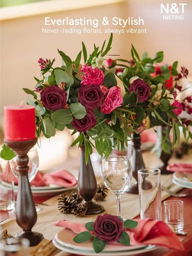 Miniatura 153 de N&T NIETING Flores artificiales, rosas artificiales de color rosa intenso, 50 piezas de flores falsas con tallo para ramos de boda DIY, centros