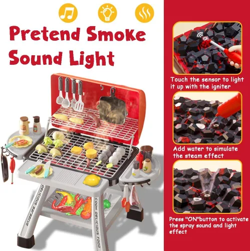 Miniatura 2 de Juego de Parrilla de Barbacoa para Niños, Juguetes de Cocina con Simulación de Luz y Sonido de Humo, Juego de Comida de Simulación para Niños