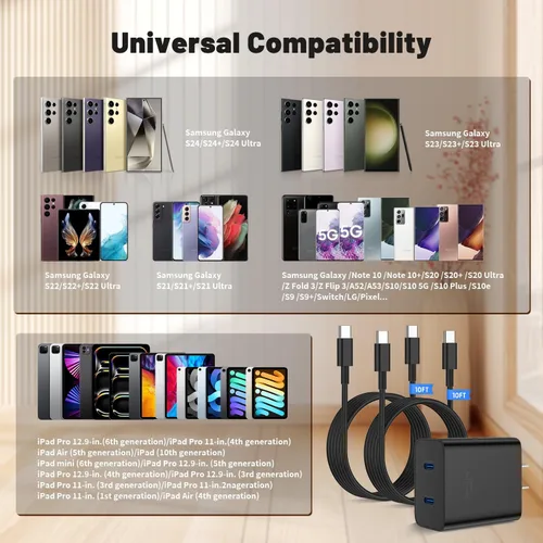 Miniatura 7 de Cargador súper rápido de 45 W de doble puerto con cable largo USB C a C de 10 pies, bloque de cargador de pared tipo C y cable de carga de teléfono