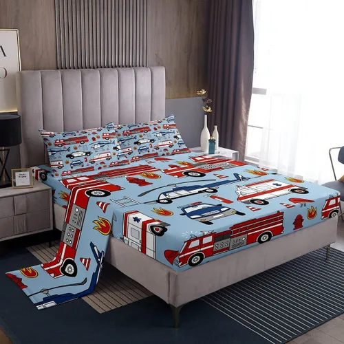 Miniatura 30 de Juego de sábanas para cama de coche de bomberos, juego de sábanas de coche de policía con bolsillo profundo, sábana bajera ajustable para decoración