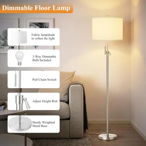 Miniatura 7 de Lámpara de pie de níquel cepillado para sala de estar, lámpara de pie ajustable con base de metal, lámpara de poste alto regulable de 3 vías