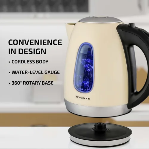 Miniatura 3 de Ovente. Hervidor de agua eléctrico de 0.45 galones, inalámbrico, de acero inoxidable, libre de BPA, Beige Beige KS96
