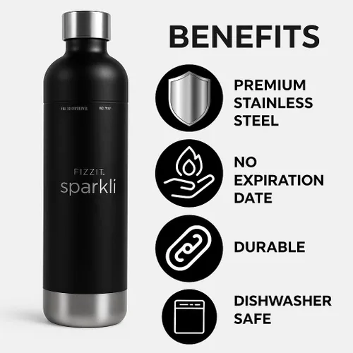 Miniatura 4 de FIZZIT Botella de Carbonatación de Acero Inoxidable Negro Compatible con Algunos Fabricantes de Soda Botella de Agua con Gas Reutilizable, Apta