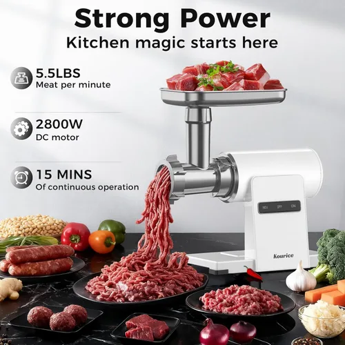 Miniatura 8 de Picadora de carne eléctrica para uso doméstico, potencia máxima de 2800 W, cuerpo de metal resistente con inversión automática, 2 cuchillas y 3