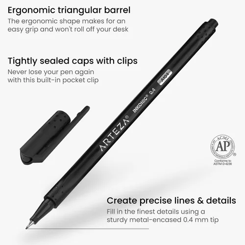 Miniatura 2 de ARTEZA - Plumones Black Inkonic Fineliners, juego de 12, marcadores de punta fina de 0.4 mm, plumones de arte a base de agua para dibujar, hacer