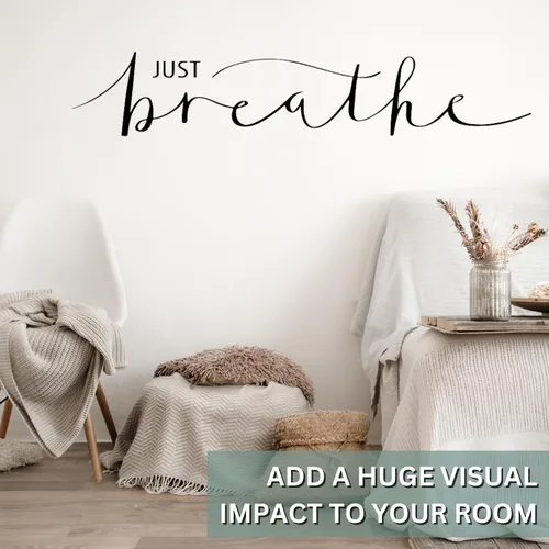 Miniatura 2 de Calcomanía de pared grande con texto en inglés «Just Breathe» para dormitorio, estudio de yoga o sala de meditación, recordatorio sereno