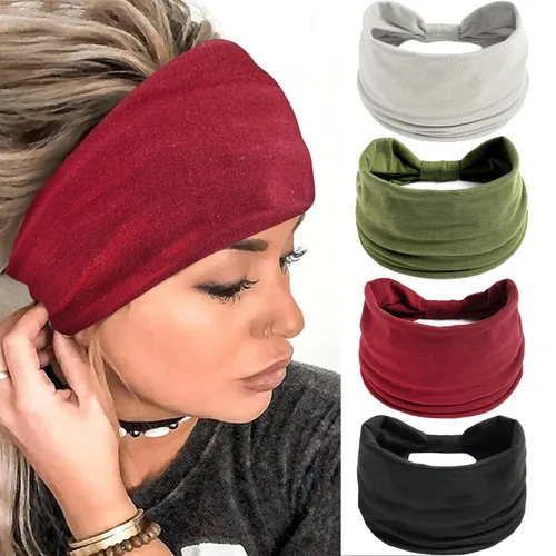 Miniatura 15 de Paquete de 4 diademas anchas para mujer, color negro, elegante, elástica, anudada, turbante de humedad, para entrenamiento, bandas para el sudor