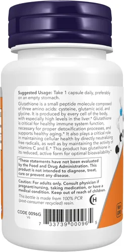 Miniatura 3 de NOW Foods Suplementos, Glutatión 250 mg, Apoyo de Desintoxicación*, Neutralizador de Radicales Libres*, 60 Cápsulas Vegetales