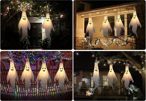 Miniatura 5 de Decoraciones de Halloween, para colgar al aire libre, calcetines de viento fantasma para árboles con temporizador, fantasmas LED para colgar