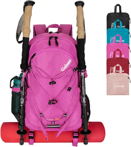 Miniatura 8 de Mochila de senderismo de 45 L con cubierta para lluvia, mochila de campamento plegable ligera para senderismo, resistente al agua con poste de Rojo