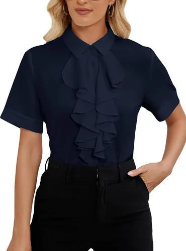 Miniatura 10 de Vrtige Women's Ruffle Front Collar Neck Button Down Short Sleeve Blouse Shirt Top