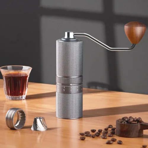 Miniatura 4 de Molinillo de café portátil manual con rebaba cónica de 7 estrellas, ajuste externo de 60 clics, molinillo de café de metal completo para molinillo