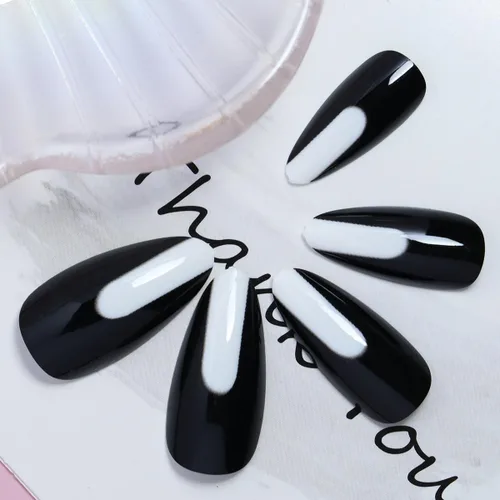 Miniatura 4 de 24 uñas postizas medianas a presión, color blanco y negro, uñas con pegamento en forma de almendra, uñas postizas brillantes con diseños, uñas