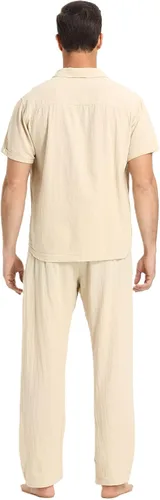 Miniatura 18 de RPOVIG Conjunto de camisa de lino y pantalones: conjuntos de lino de 2 piezas para hombre, camisas de manga corta, pantalones de yoga, trajes
