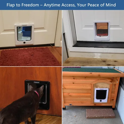 Miniatura 2 de CEESC - Puerta grande para gatos para puerta interior/exterior, resistente a la intemperie, negra, puerta para mascotas con bloqueo giratorio de 4