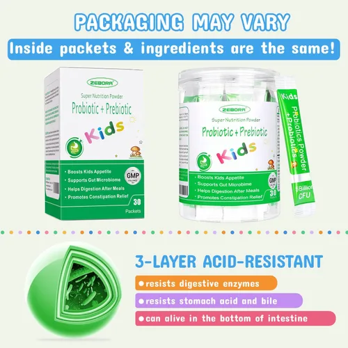 Miniatura 4 de Probióticos y prebióticos para niños en polvo a partir de 3 años, apoyo al sistema digestivo e inmunológico para niños con fuente natural, promueve