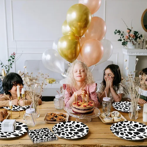 Miniatura 3 de 120 piezas de suministros para fiesta de cumpleaños con estampado de vaca marrón, vajilla de papel desechable con platos y servilletas de 7 pulgadas