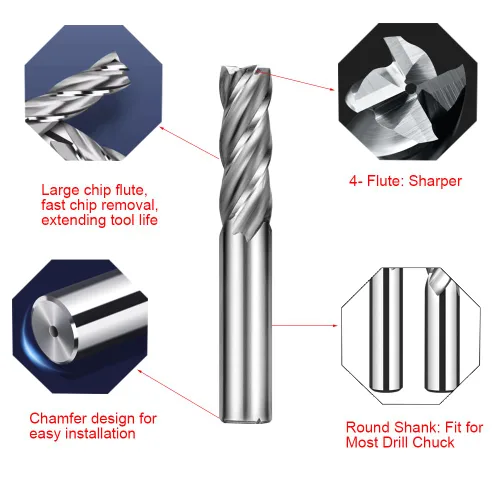 Miniatura 4 de ASNOMY Juego de 10 fresas de extremo de 4 flautas, fresas métricas CNC, brocas de fresado, juego de herramientas para madera, aluminio, hierro