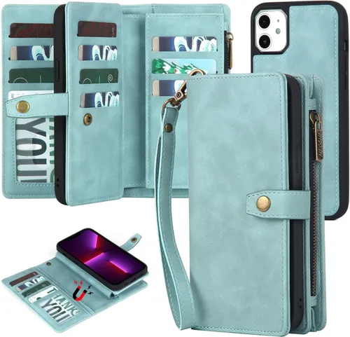 TwoHead Funda tipo cartera para iPhone 11 con tarjetero y funda magnética desmontable para teléfono, funda de piel sintética para mujeres/hombres
