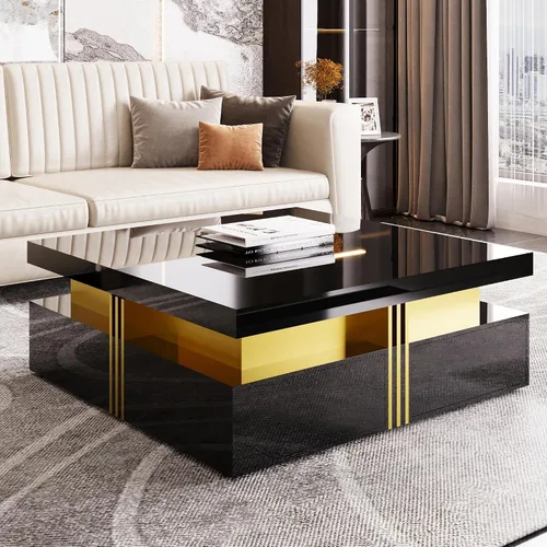 Miniatura 9 de SSLine Moderna mesa de centro cuadrada de color negro y dorado, mesa de centro de cóctel de mármol sintético de lujo con 4 cajones