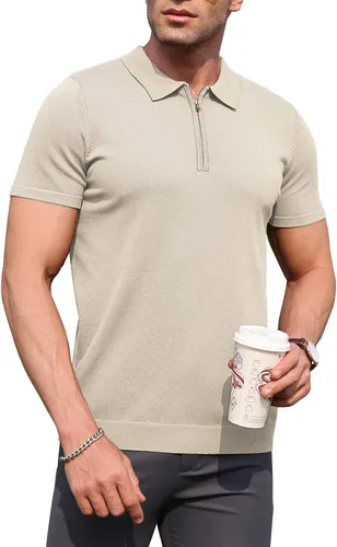Miniatura 10 de RQP Camisas polo con cremallera para hombre, camisas casuales de punto de manga corta/larga, camisas de golf elásticas ajustadas, suéter suave