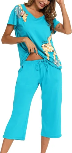 Miniatura 3 de ENJOYNIGHT Conjunto de pijama de algodón para mujer, parte superior de manga corta y pantalones capri, ropa de dormir de 2 piezas
