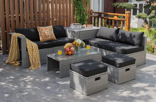 Miniatura 17 de Tangkula Patiojoy - Juego de muebles de patio de 8 piezas, sofá seccional de ratán PE para 6 personas con funda impermeable, para jardín, cubierta
