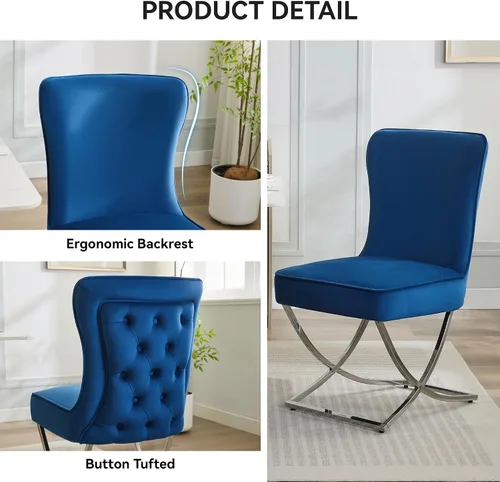 Miniatura 3 de WUTUTUEE Sillas de Comedor de Terciopelo de Lujo, Sillas de Acento Capitoné Tapizadas Sin Brazos con Patas de Metal Plateado en Forma de X, Juego