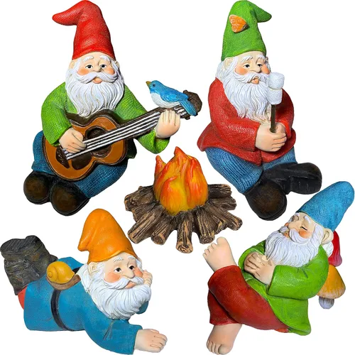 Mood Lab Figuras de gnomos de jardín – Juego de gnomos de camping (5 piezas) – Estatuas decorativas en miniatura de 2.6 pulgadas de alto y