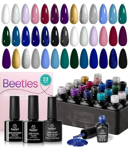 Beetles - Juego de esmaltes de uñas de gel para invierno, azul marino, borgoña, morado, verde, negro, dorado, rosa, esmalte de gel de 20 colores,