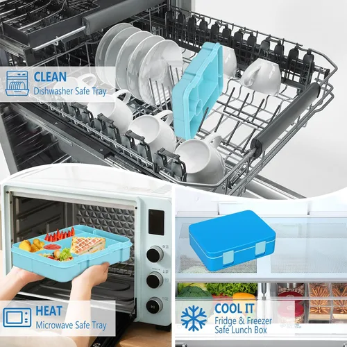 Miniatura 6 de Fiambrera Bento para niños con paquete de hielo, caja Bento a prueba de fugas de 5 compartimentos con utensilios, capacidad de 5.5 tazas
