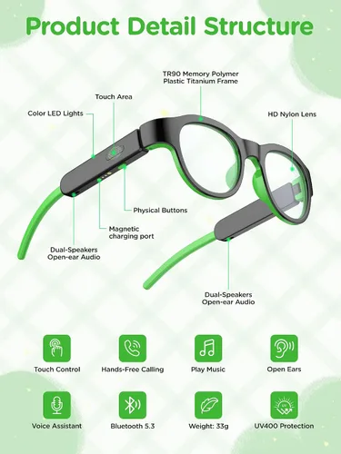 Miniatura 2 de Gafas de luz azul para niños con audio Bluetooth, gafas inteligentes, luz RGB de 7 colores, regalos de gafas inteligentes para niños