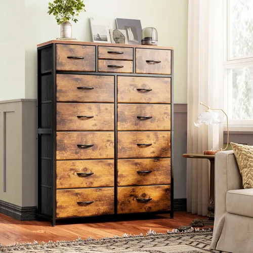 EnHomee Cómodas altas para dormitorio con cajón, cómodas para dormitorio, cómodas de tela y cómodas para sala de estar, parte superior de madera,