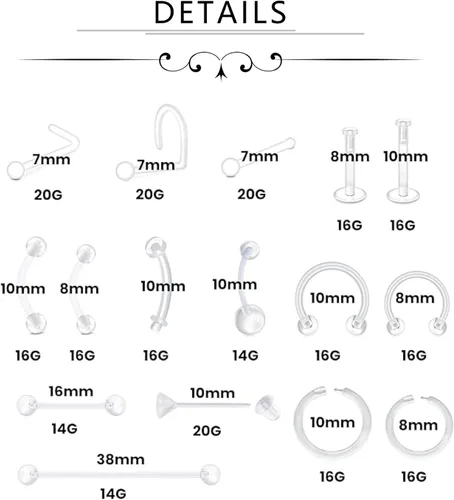 Miniatura 2 de FECTAS 20-38 piercings transparentes de plástico Bioflex, aretes de nariz, tabique, vientre, cartílago, hélice, pezón, lengua, labio, labret, cejas