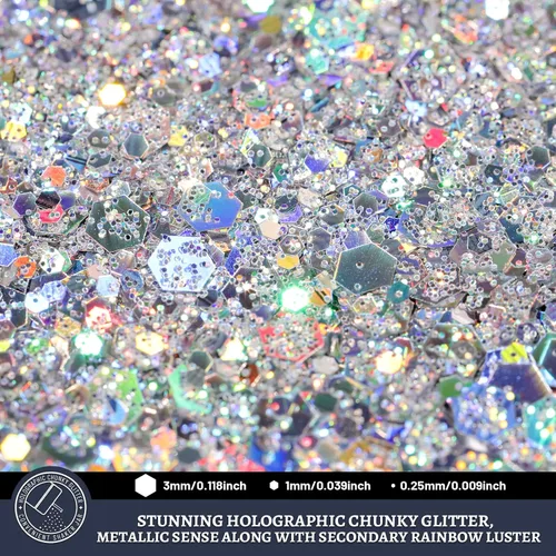 Miniatura 3 de LEOBRO - Purpurina plateada, 160G/5.64OZ, brillantina holográfica gruesa para manualidades, resina, uñas, cabello, cara, decoraciones DIY Diamante