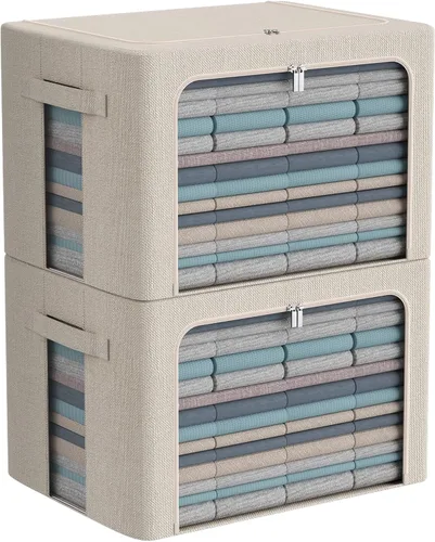 Miniatura 20 de CYhom Caja de almacenamiento de ropa, juego organizador plegable de tela de lino con ventana transparente, asas de transporte y marco de metal, 2