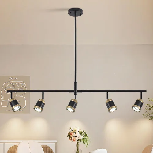 Kit de iluminación de riel de 5 luces, luz de riel negra, cabeza de luz giratoria flexible, altura ajustable, foco moderno para cocina, sala de