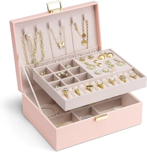 Vlando Joyero de 2 capas grande organizador de joyas para mujeres, bandeja de joyería extraíble para collares, aretes, anillos, pulseras, cajas de