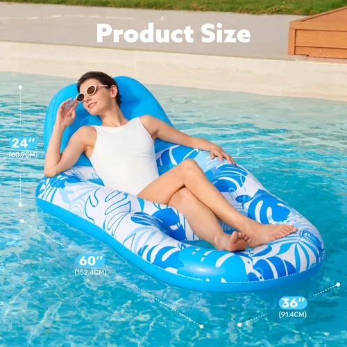 Miniatura 5 de Sloosh Flotadores inflables para piscina, tumbona para adultos, flotador de piscina flotante, silla reclinable flotante con portavasos y reposapiés