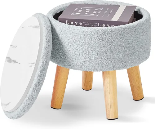 Miniatura 8 de IBUYKE Taburete otomano de 13 pulgadas con almacenamiento, reposapiés pequeño redondo con asiento acolchado y patas de madera, mini reposapiés