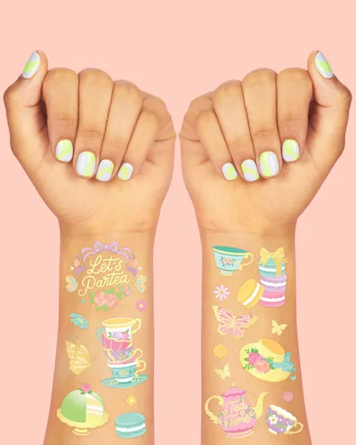 Miniatura 3 de xo, Fetti Tatuajes temporales para fiesta de té - 48 estilos de purpurina Suministros para fiesta de cumpleaños Partea, tetera de té, cupcakes