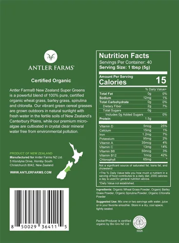 Miniatura 2 de Antler Farms - Polvo 100% puro orgánico de Nueva Zelanda Super Greens, 40 porciones, 7.05 oz - Hierba de trigo, cebada, clorella, espirulina
