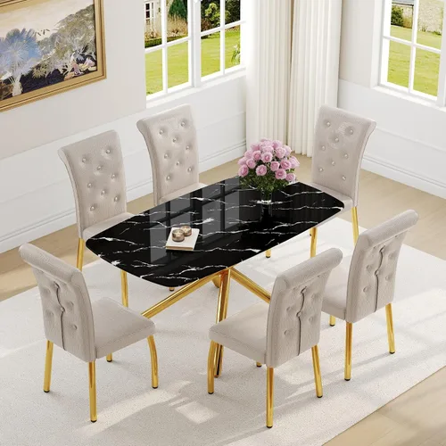 Miniatura 28 de Juego de mesa de comedor moderna para mesa de comedor negra de 4,63 pulgadas, juego de 4 con patas de metal dorado, mesa de cocina rectangular