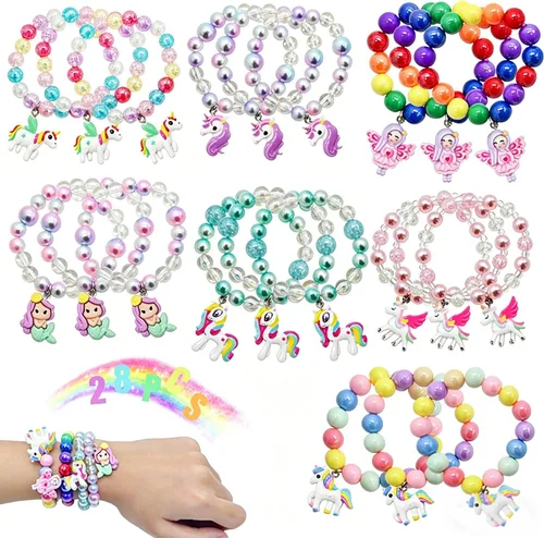 Paquete de 28 pulseras de unicornio arco iris, cuentas de unicornio para niños, cesta de Pascua, relleno de huevos, bolsa de caza de San Valentín