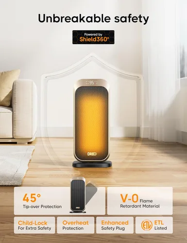Miniatura 5 de DREO Calentadores de espacio para uso en interiores, calentador eléctrico portátil de 1500 W con control remoto y termostato, cerámica PTC, calor