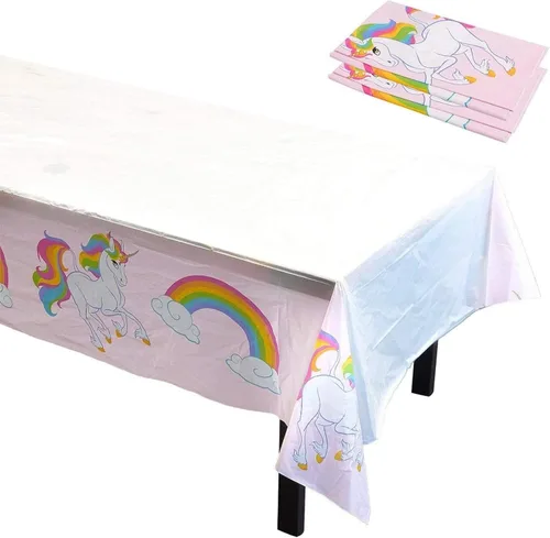 Miniatura 4 de BLUE PANDA Manteles de unicornio – Paquete de 3, 54 x 108 pulgadas, desechables de plástico rectangular rosa y blanco, decoración de cumpleaños