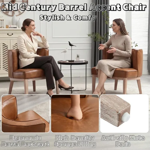 Miniatura 4 de RIVOVA Silla Accent Barrel, silla decorativa de piel sintética tapizada moderna para sofá individual con patas de madera, cómoda silla de club