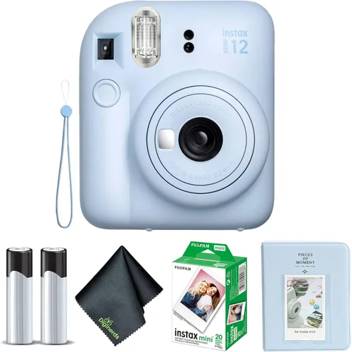 Fujifilm Instax Mini - Paquete de 12 cámaras instantáneas azul pastel con película Fuji Instax Mini (20 hojas) + álbum de fotos + paño de limpieza