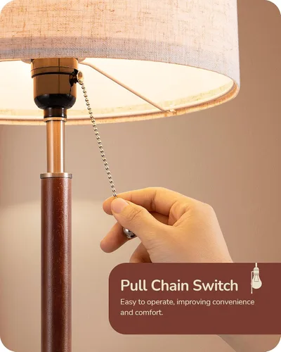 Miniatura 3 de EDISHINE Lámpara de mesa de mediados de siglo, lámpara de noche con interruptor de cadena con pantalla de lino, poste de madera maciza y base